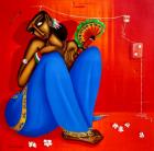 Pintu Paul-Woman With Fan-Monart Gallerie Indian Art Gallery